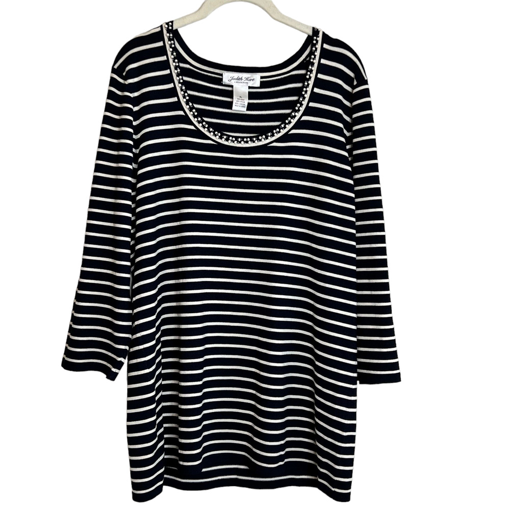 Judith Hart Collection Womens Knit Top XL Navy White Striped Silk Blend Beaded